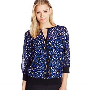 NWOT Trina Turk blue leopard print silk top , M